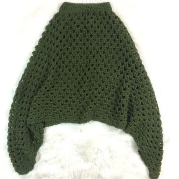 Handmade Crochet Poncho Shall Macrame Green - Picture 4 of 6